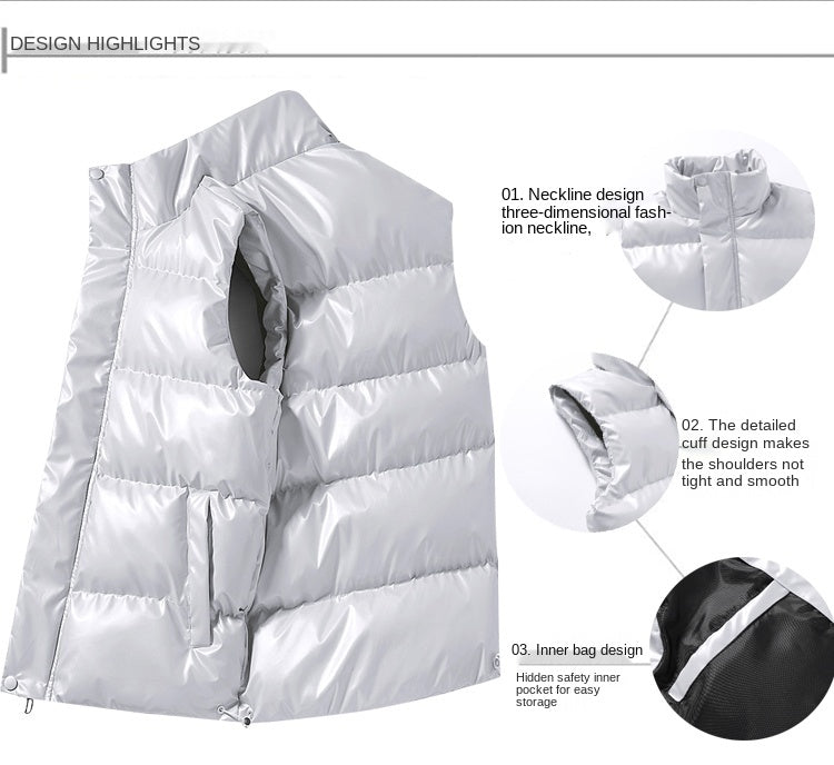 New Men's Sleeveless Jacket Fashion Vest Winter Warm Pockets Cotton Padded Jackets Mens White Black Waistcoat 5Xl