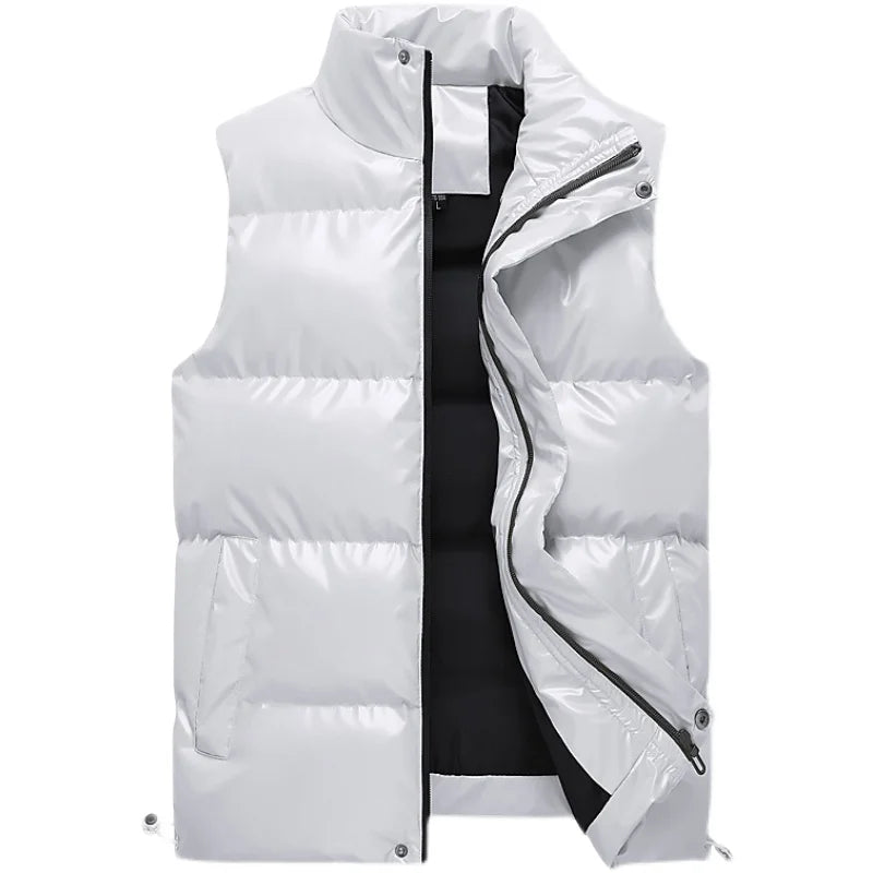 New Men's Sleeveless Jacket Fashion Vest Winter Warm Pockets Cotton Padded Jackets Mens White Black Waistcoat 5Xl