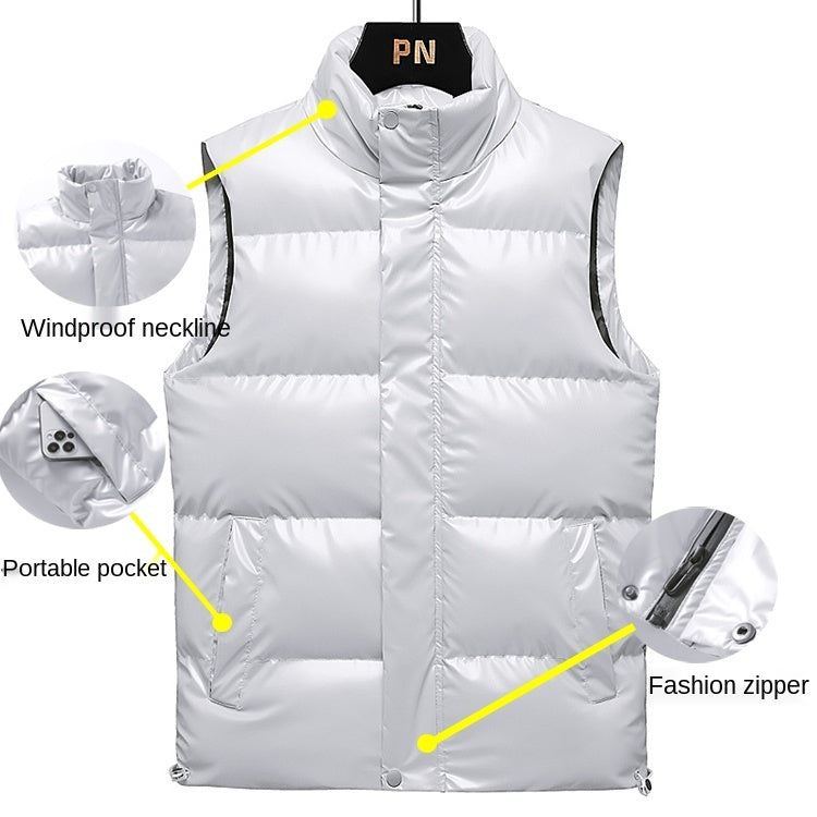 New Men's Sleeveless Jacket Fashion Vest Winter Warm Pockets Cotton Padded Jackets Mens White Black Waistcoat 5Xl